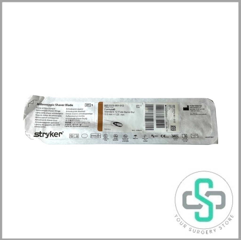 0375-951-012 - STRYKER FORMULA SHAVER BLADE, STANDARD 12-FLUTE BARREL BUR, 5.5MM X 125MM (TAN) 