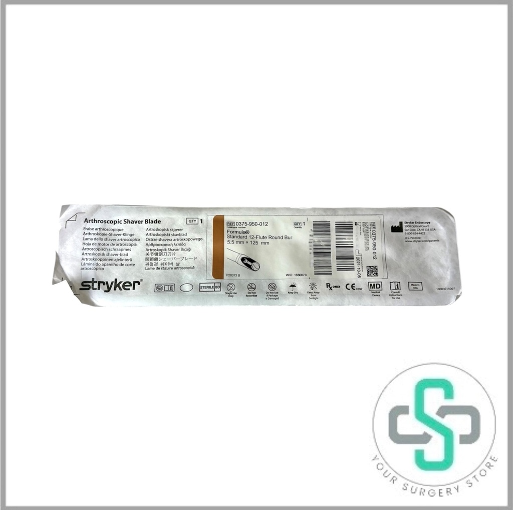 0375-950-012 - STRYKER FORMULA ARTHROSCOPIC SHAVER BLADE STANDARD 12-FLUTE ROUND BUR, 5.5MM X 125MM (TAN) 