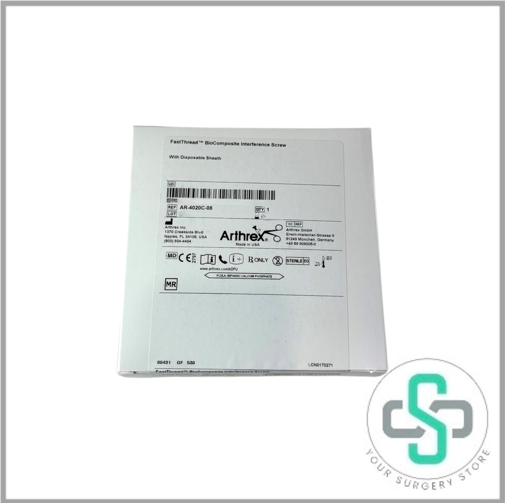 AR-4020C-08 - ARTHREX FASTTHREAD BIOCOMPOSITE INTERFERENCE SCREW WITH DISPOSABLE SHEATH, 8 X 20MM