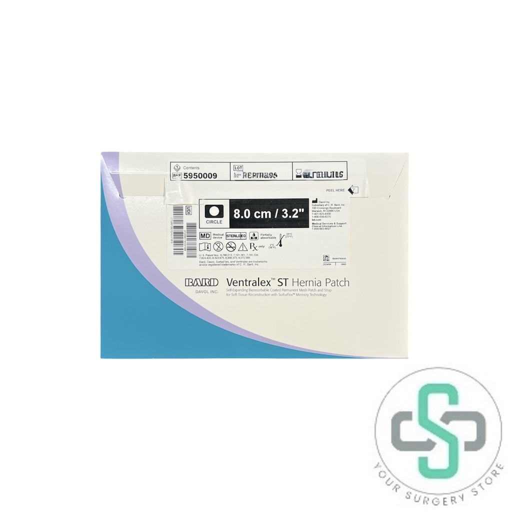 5950009 - BARD VENTRALEX ST HERNIA PATCH SELF-EXPANDING BIORESORBABLE COATED PERMANENT MESH PATCH WITH STRAP FOR SOFT TISSUE RECONSTRUCTION WITH SORBAFLEX MEMORY TECHNOLOGY, LARGE CIRCLE WITH STRAP, 3.2" (8CM)