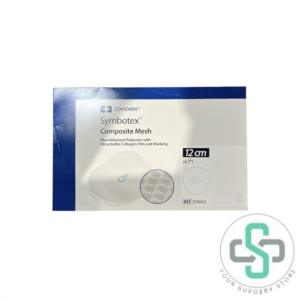  SYM12 - COVIDIEN SYMBOTEX COMPOSITE MESH MONOFILAMENT POLYESTER WITH ABSORBABLE COLLAGEN FILM AND MARKING, 12CM